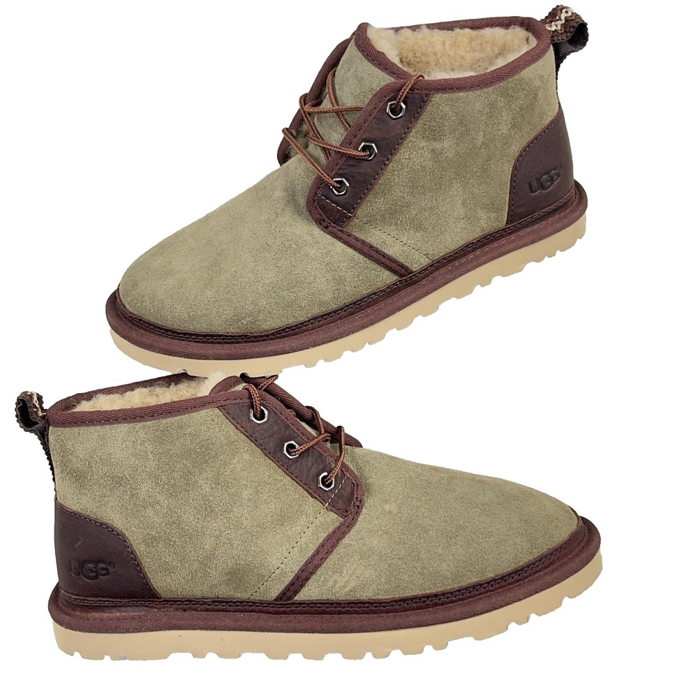 UGG Neumel Taupe 2-Tone Brown Leather Trim Suede Fur Boots Mens Size 8